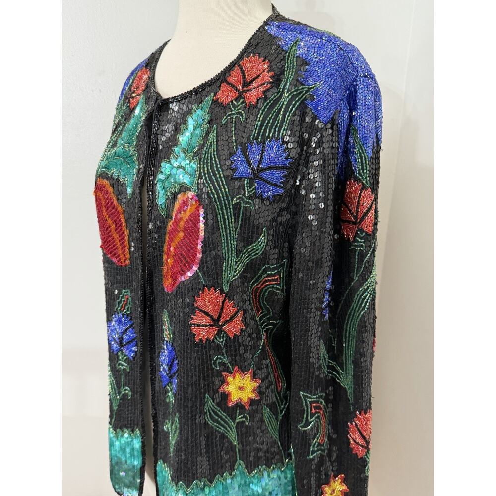 SCALA Vintage Silk Heavy Beaded Jacket Floral Design Hand Embellished Size XL - Picture 2 of 4